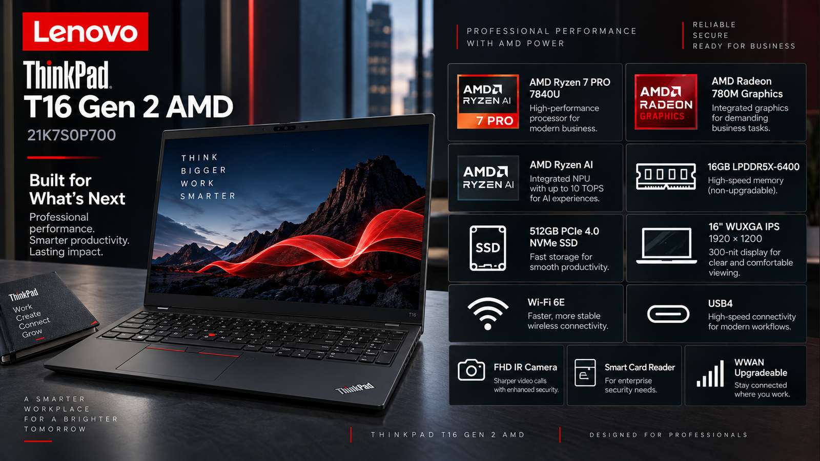 Lenovo ThinkPad T16 Gen 2 AMD 21K7S0P700 AI Business Laptop, AMD Ryzen 7 PRO 7840U, 16GB LPDDR5X-6400, 512GB PCIe 4.0 SSD, Radeon 780M Graphics, 16-inch WUXGA IPS 300nits, Wi-Fi 6E, Backlit English Keyboard, No OS with Warranty | 21K7S0P700